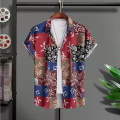 Camisa havaiana estampada geométrica masculina, blusa de praia de peito único, tops de manga curta, roupa de feriado masculina, moda flor, 2023 - loja online