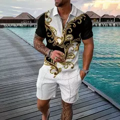 Imagem do Conjunto de camisa polo e shorts masculino casual de manga curta com zíper gola v, moda verão, 2 peças, 2023