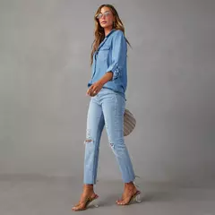 Camisas jeans soltas femininas, blusas monocromáticas, tops casuais, moda vintage, jovem feminina, verão, 2024 - comprar online