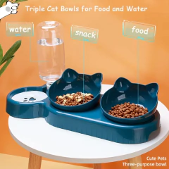 Alimentador triplo para animais de estimação, tigelas duplas 2 em 1 com garrafa automática, design inclinado e giratório para gatos e cães