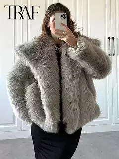 TRAF-Jaqueta feminina de tecido de lantejoulas de metal, casaco solto, gola alta, manga comprida, outerwear feminino chique, outono, inverno, 2023 - Wolf Magazine