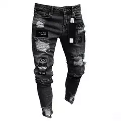 Calças jeans skinny rasgadas elásticas masculinas, bordado branco, algodão, hip hop, buraco negro, slim fit, calças jeans grandes, alta qualidade na internet