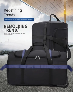 Bolsa de lona com rodas para serviço pesado, dobrável, resistente à água, bagagem com alça de ombro ajustável e bolsos para viagens, academia na internet