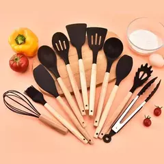 Conjunto de utensílios de cozinha com cabo de madeira, cozinhar ferramentas, utensílios de cozinha, pá, colher, prático, comestível, madeira, 12pcs