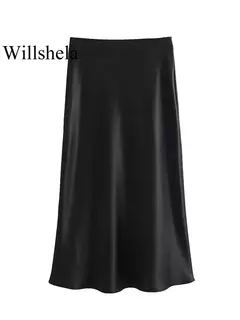 Imagem do Willshela-Saia Midi Sólida Plissada Feminina, Vintage, Elástico Médio na Cintura, Saias Chiques Femininas, Moda Feminina
