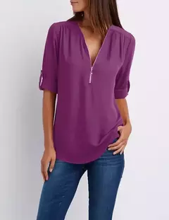 Blusa feminina profunda com gola V, tops femininos, pulôver sexy com zíper, moda casual, camisa solta legal, plus size, venda quente, 2024 - Wolf Magazine