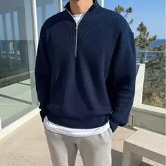 Pulôver de zíper com gola meia alta masculino, suéter de malha, jaqueta solta, roupa que combina com tudo, nova moda, primavera, outono, 2023 - loja online
