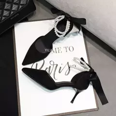 Bombas femininas com cordão e pérolas, salto alto nupcial, dedo apontado, sapatos de dança de festa, preto, design de marca, sexy, novo, verão, 2024 - loja online