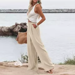 Imagem do Calça larga de linho de algodão feminina, comprimento total, casual, monocromática, solta, cintura alta, reto, botão, verão
