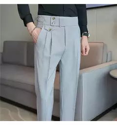 Calça de cintura alta estilo britânico masculina, justa, calça formal de escritório, social, festa de casamento, fato de vestido, calça, casual
