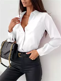 Imagem do Elegante blusa sólida de chiffon feminina, manga comprida, gola V, camisa solta, túnicas de senhora do escritório, tops grandes, casual, primavera, verão, 2024