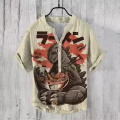 Camiseta casual de manga curta estampada masculina, camisa Henry estilo japonês - Wolf Magazine