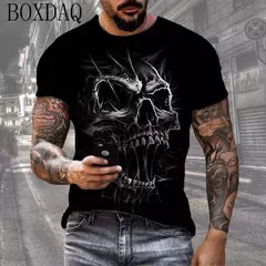 Camiseta Horror Death Caveira Masculina, Manga Curta, Estampada 3D, Rua do Terror, Camiseta Hip Hop, Decote O, Solta, Tops Casual de Verão, Roupas na internet