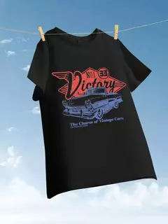 Camisetas de algodão de manga curta com decote em o feminino, charme de carros antigos, estampa vitoriosa, tops soltos, roupas de rua femininas, verão - loja online