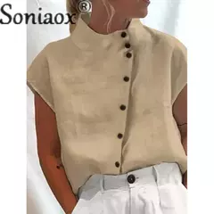 Camisa elegante de algodão com gola de linho para mulheres, estilo simples, cardigã de peito único, blusa casual solta, verão feminino, 2023 - comprar online
