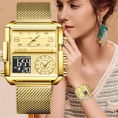 LIGE-Relógio Dual Display para Mulher, Relógios Quadrados Criativos para Senhoras, Relógio Casual de Ouro, Marca de Luxo, 2022 - comprar online