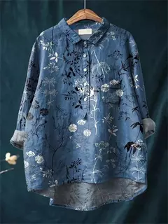 Imagem do Sardinha de peixe retrô casual feminina arte camisa de bolso manga longa, camisas estampadas estilo havaiano, tops com gola v, verão