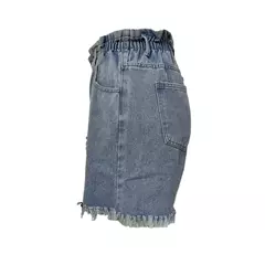 Cintura alta elástica feminina Shorts jeans com dois botões com buracos quebrados, vestido metade do corpo, calça feminina de borla, mini jeans para pernas, emenda, 2024 - loja online