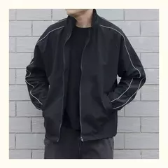 Blusão solto de retalhos masculino com bolsos, jaqueta bomber, zíper listrado, gola alta, impermeável, esportes ao ar livre, casual, outono - loja online