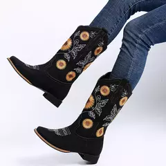 Mulher flor bordado sapatos deslizamento-on botas de equitação senhora salto quadrado meados de bezerro bota feminina inverno fino sapato de pelúcia zapatos de mujer na internet