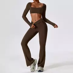 Terno esportivo de manga comprida para mulheres, conjunto de ioga fitness, roupas de ginástica, roupas esportivas femininas, camisa de corrida, 2 peças