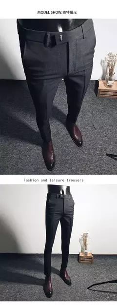 Calças justas de estiramento formal masculinas, calças casuais, roupa de cor sólida, calças de terno fashion na internet