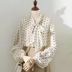 Blusa bege de bolinhas com decote e arco, elegante camisa de chiffon, manga comprida, solta, moda coreana, roupas femininas, tops, primavera, 2021 - loja online