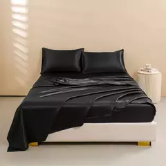 Conjunto de cama cetim sedoso, lençóis Queen Size, 1 folha de bolso profundo, 1 folha plana, 2 fronhas, 4 peças