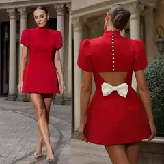 Mini vestido de nó de costas vermelho feminino, elegante com decote em O, manga curta, vestidos A, vestido feminino, nova moda, 2024 - comprar online