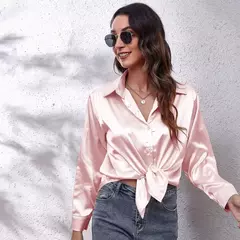 Blusa feminina de cetim manga longa, camisa cetim, tops de seda, vestuário europeu e americano, novo - comprar online