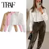 TRAF-Top feminino de manga comprida, blusas de botão, branca e rosa, camisa casual para o verão, 2024