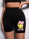 Meia-calça curta feminina casual fitness, amor engraçado, estampas gráficas de rosto sorridente, leggings elásticas altas, roupas esportivas femininas finas e macias