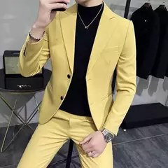 Fato de negócio clássico trespassado masculino, botão dourado, gola alta, jaqueta e calças, conjunto de 2 peças, azul marinho, roupa formal - comprar online