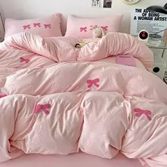 Cute Pink Bows Embroidery Duvet Cover Set, Conjuntos de cama 3D Confortável Rainha Consolador, capas macias para meninas, crianças, adolescentes - loja online