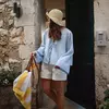 Camisas femininas com laço de linho e algodão com renda, blusa solta de manga longa com decote V profundo, blusa casual feminina, primavera e verão