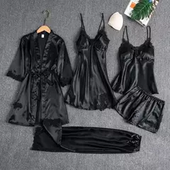 Conjunto de pijama feminino, roupão de seda, roupa de dormir, cami com decote em v, pijamas, pijamas, camisola primavera, 5 peças - comprar online