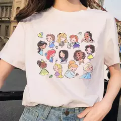 Desenhos animados kawaii feminino com estampa princesa, blusa branca com gola O, manga curta solta, algodão, verão - Wolf Magazine