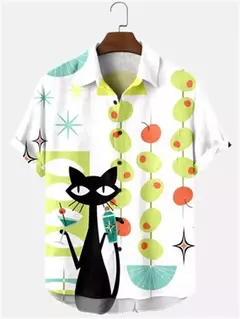 Camisa havaiana dos desenhos animados de anime masculino, Tops de manga curta, roupas casuais masculinas, rua, animais, gatos, retrô, 3D Tees, verão - loja online