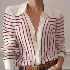 Imagem do Camisa de botão feminina com estampa de linha, blusas elegantes, primavera e verão, roupas femininas plus size, preto e branco, 2024