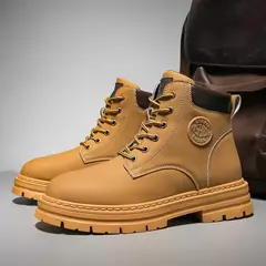 Bota de couro alta masculina, antiderrapante, confortável, casual, amarela, quatro temporadas, sapatos de trabalho ao ar livre, moda britânica