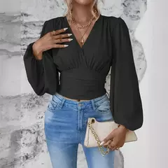 Pulôver feminino com decote V profundo, blusa feminina de manga comprida, tops casuais diários, cintura solta e magro, crossover, primavera, outono