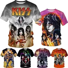 Unisex Music Kiss Graphic Rock Band T-shirt, homens, mulheres, vestuário infantil, estilo Harajuku vintage, Hip-Hop Print Tee, Top solto, Streetwear, 3D