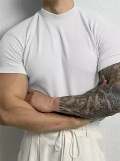 Imagem do Camiseta listra de gola alta masculina, blusa fitness de manga curta, roupa esportiva de lazer, moda primavera e verão, camisa esportiva