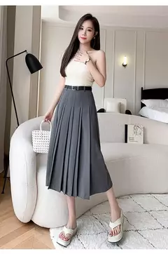 Saia plissada midi de cintura alta feminina, terno casual linha A, elegante saia de guarda-chuva vintage, moda feminina, primavera, verão, nova