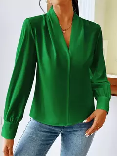 Pulôver de manga comprida com decote V feminino, camisa elegante, estilo britânico, tops urbanos, monocromático, confortável, blusa casual feminina, outono - comprar online