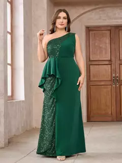 Elegante um ombro vestido sem mangas, lantejoulas, verde, até o chão, festa de casamento, coquetel, noite, vestido de baile, plus size na internet