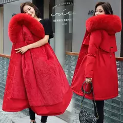 Parka longa e acolchoada feminina com forro de lã, jaqueta com capuz, gola de pele, quente, grossa, neve, roupas grandes, inverno