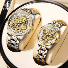 OUPINKE-impermeável relógio mecânico automático para casal, tungstênio tira de aço, movimento importado, dourado, luxo, original - Wolf Magazine