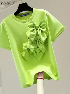 ZANZEA-Camisetas de manga curta femininas, streetwear gola O, blusa de viagem diária, tops casuais, detalhe com laço solto, moda verão, 2024
