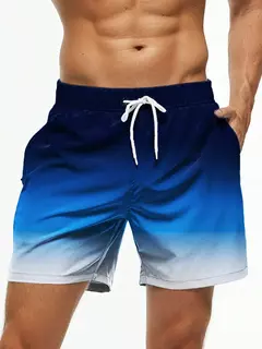 Calção de banho gradiente cor bloco cordão masculino, cintura elástica, 3D Print, streetwear curto respirável, calções de praia, verão - Wolf Magazine